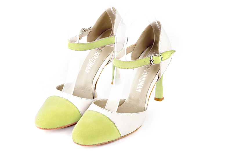 Pistachio green and off white women's open side shoes, with an instep strap. Round toe. Very high slim heel. Front view - Florence KOOIJMAN